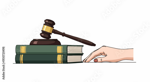 A hand reaching for a stack of books with a gavel on top against a white background with a flat design.