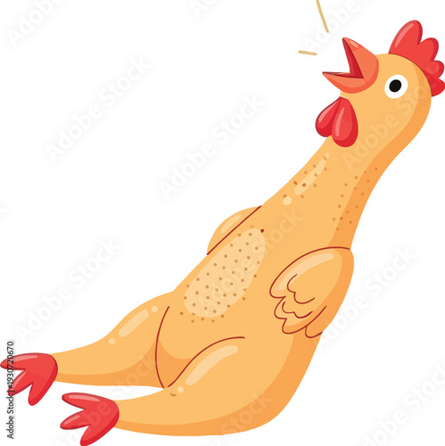 Funny yellow rubber chicken toy character squawking loudly with open beak and red comb isolated on a white background.