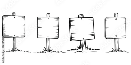 Set of blank square wooden signs on posts with grass, different angles, hand drawn style, isolated on white background
