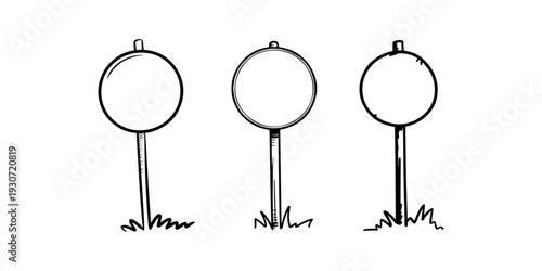 Set of hand drawn blank round wooden road signs on grass ground for message placement information board sketch style illustration with outdoor elements