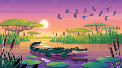 A digital illustration of a serene wetland landscape at sunset (3)_traced