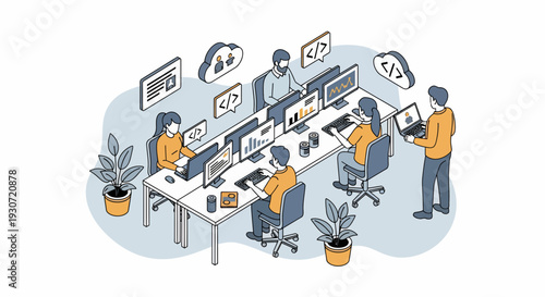 Cartoon illustration of workers collaborating at a modern office desk surrounded by plants, focusing on tasks in a lively workspace