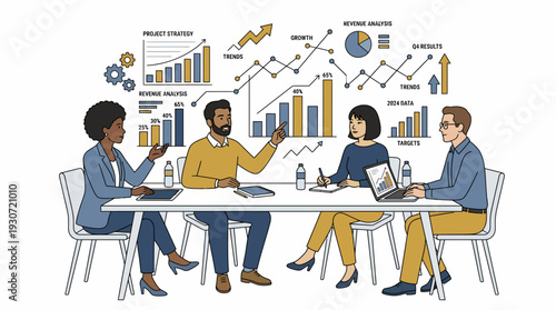 Team Analysis Meeting in a White Conference Room with Charts and Collaboration Discussion among People