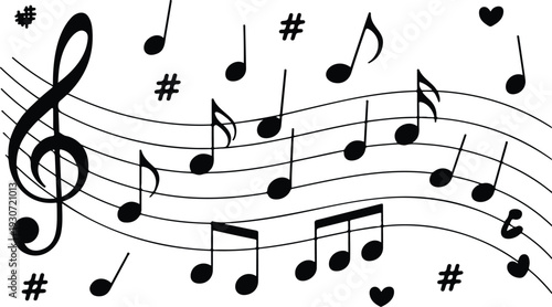 Musical Notes and Symbols Vector Illustration with Treble Clef, Staff Lines and Hearts for Creative Music Background Design