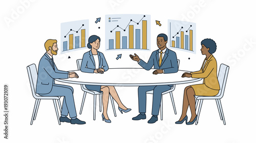 Group of Four Professionals Discussing Charts Around a White Oval Table in a Clean Office Setting