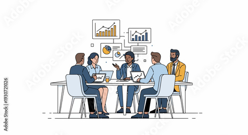 Collaborating Professionals Analyze Data Charts at a White Table in a Minimalist Meeting Room