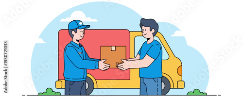 Courier Delivering Cardboard Box Package from Cargo Van to Customer