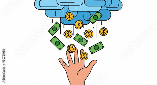 Cartoon hand catching falling money and coins from a blue cloud above in a white background