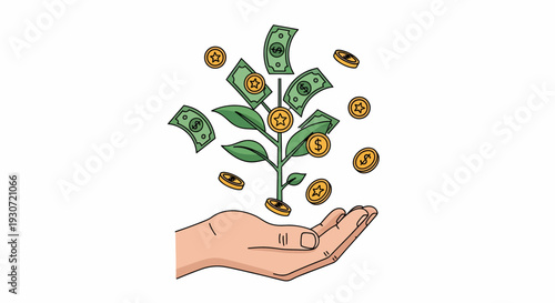 Hand Nurtures Growing Plant with Falling Coins, Showcasing Money Growth and Prosperity in a Cartoon Illustration