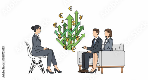 Business meeting discussion with a woman, man, and plant featuring coins in a cozy office setting