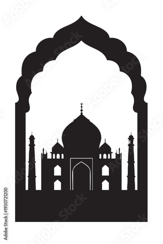 Taj Mahal silhouette viewed through an Islamic arch window vector illustration