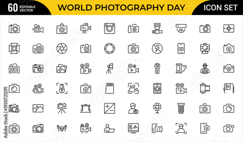 World Photography Day Line Icon Set for Camera, Creative Photography, Photo Studio, Media and Visual Art Celebration Outline Vector Collection