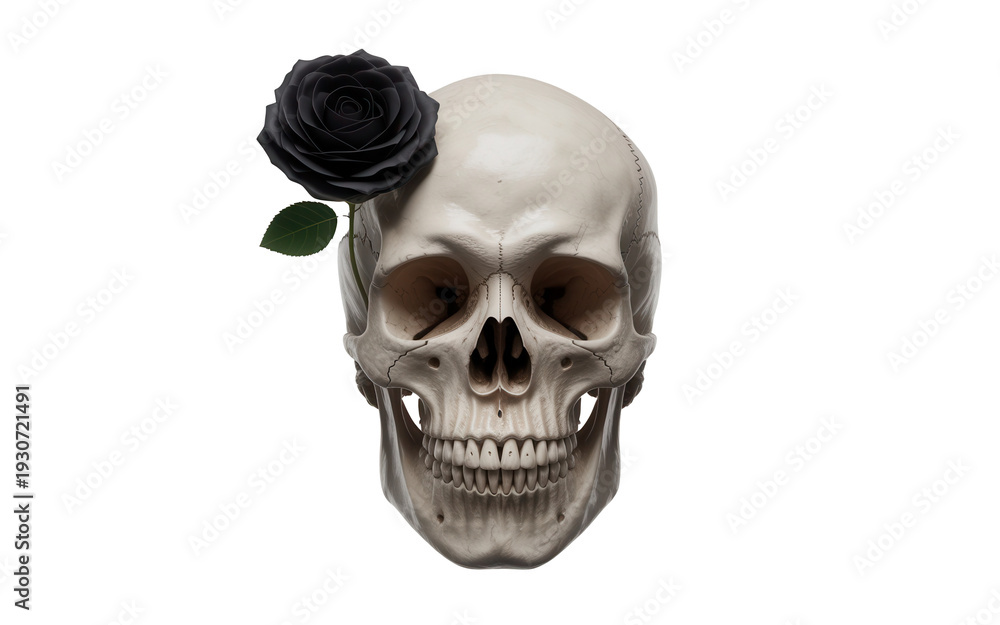 Fototapeta premium Human skull with black rose on head