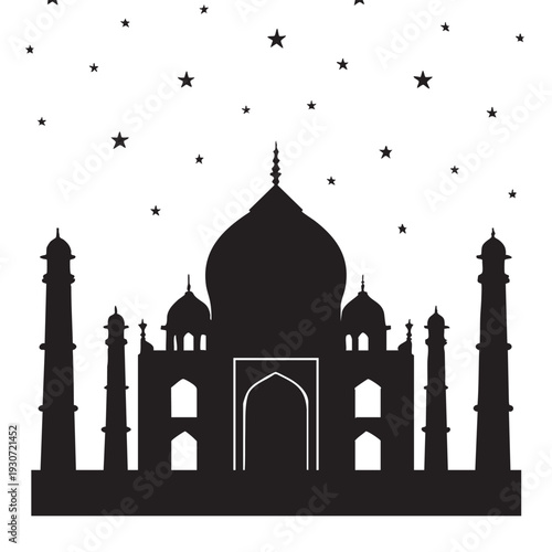 Taj Mahal silhouette under night starry sky vector illustration