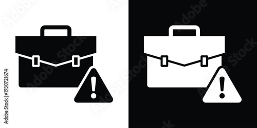 Professional briefcase icon with a warning triangle and exclamation mark. Business risk, portfolio error, and financial alert concept. Minimalist black and white vector symbol.