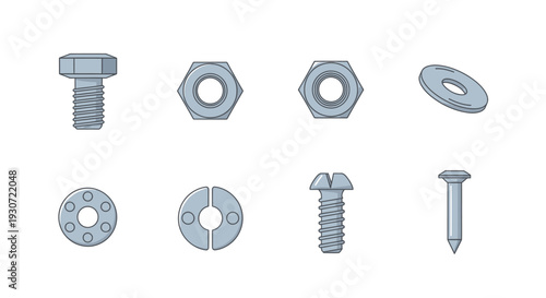 Collection of 6 flat vector icons representing Fasteners and Hardware for industrial engineering