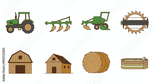 Set of 6 flat vector icons representing Farming Equipment for agricultural machinery design
