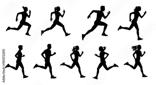 Sequence of silhouettes depicting various running styles and techniques