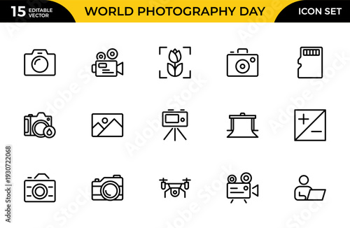 World Photography Day Line Icon Set for Camera, Creative Photography, Photo Studio, Media and Visual Art Celebration Outline Vector Collection