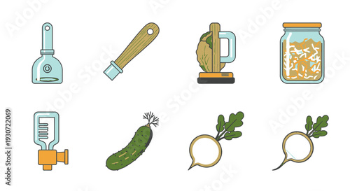 Set of 6 flat vector icons representing fermentation and pickling for food preservation