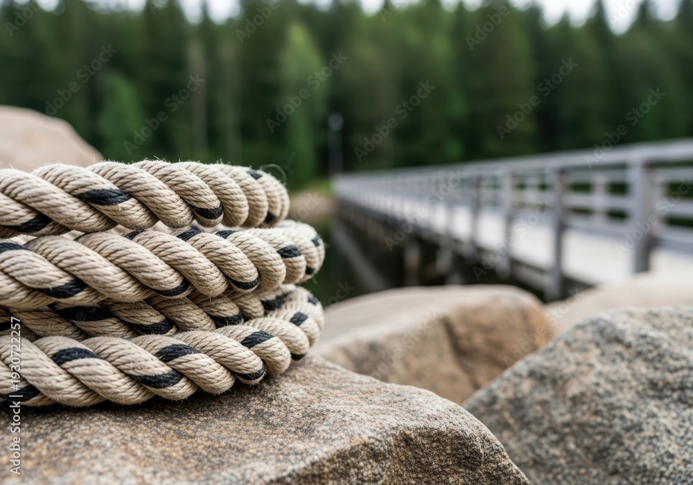 Fototapeta premium A thick coiled rope sits on a large rock near a wooden bridge and a dense green forest.