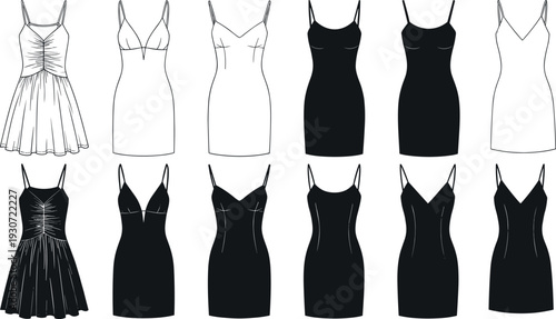 Set of black and white women slip dress flat sketches featuring various necklines and strap details for fashion apparel design,