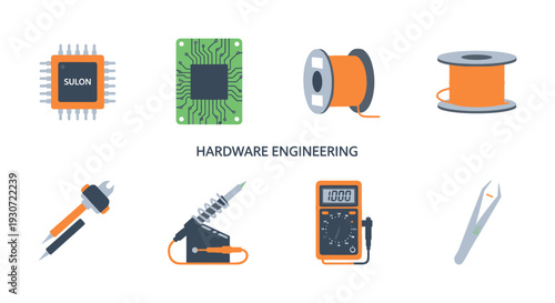 Set of 6 flat vector icons representing Hardware Engineering for physical technology creation