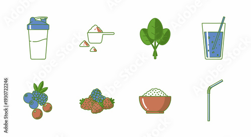 Set of 6 flat vector icons representing healthy smoothies for fitness nutrition programs