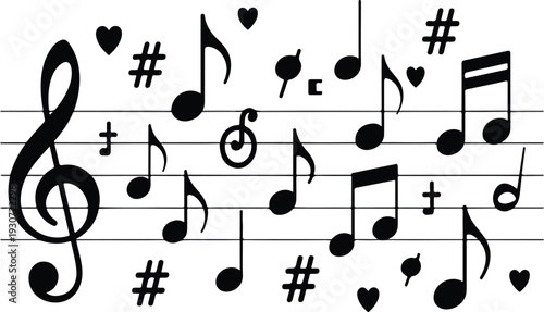 Musical Notes and Symbols Vector Illustration with Treble Clef, Staff Lines and Hearts for Creative Music Background Design
