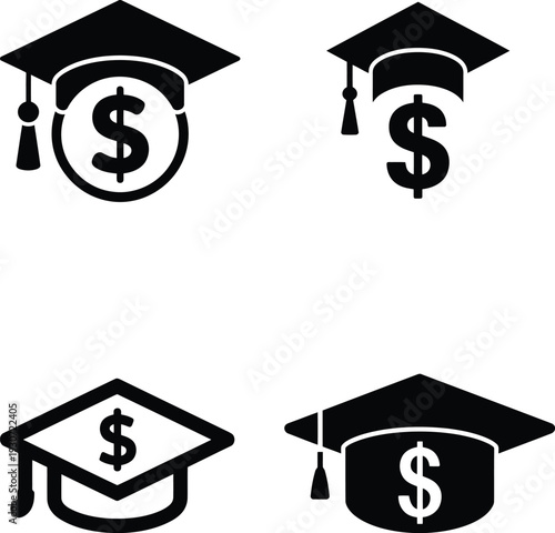 Graduation cap with dollar sign symbol bold black silhouette style representing education costs, student debt and scholarships