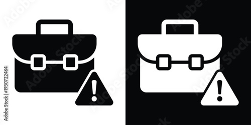 Professional briefcase icon with a warning triangle and exclamation mark. Business risk, portfolio error, and financial alert concept. Minimalist black and white vector symbol.