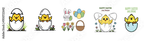 Adorable cartoon chicks emerging from cracked Easter eggs, surrounded by flowers, a basket, and decorative eggs, for spring holiday celebration.