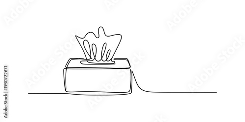 Continuous line drawing of a tissue box with soft paper sticking out from the top opening. Vector, illustration