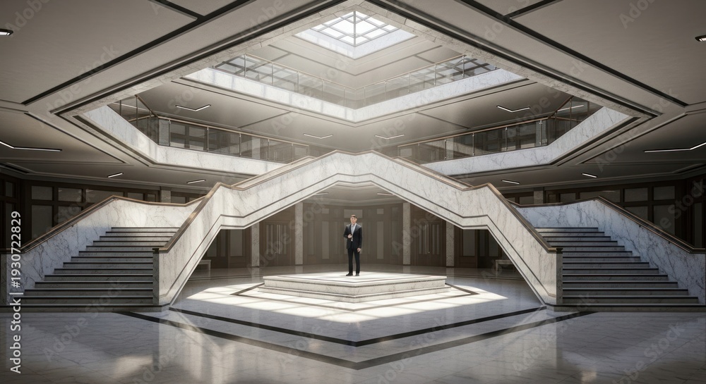 Fototapeta premium Modern architectural interior with a person standing on a stage sunlight