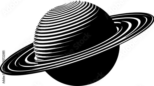 Black and white illustration of a planet with rings, using bold brush strokes