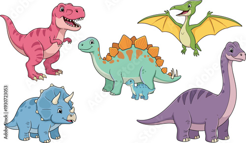 Cute dinosaur cartoon collection, colorful prehistoric animals set including tyrannosaurus, triceratops, stegosaurus, and pterodactyl, kids education illustration vector