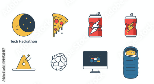 Collection of 6 flat vector icons representing Tech Hackathons for rapid collaborative coding