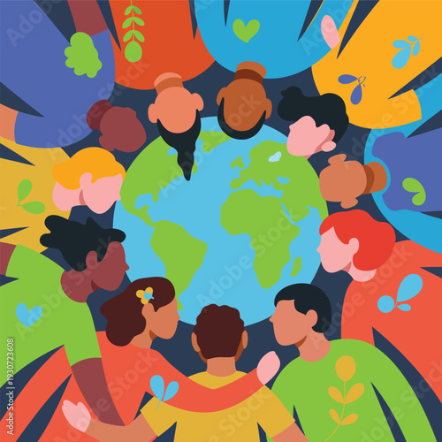 Diverse group of people gathered around the earth