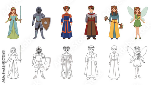 Set of fairy tale characters including a princess, knight, prince, and fairy shown in full color and as black and white outlines.