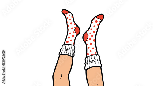 Pair of legs wearing white socks with red polka dots are shown upside down against a clean white background in a fun pose.