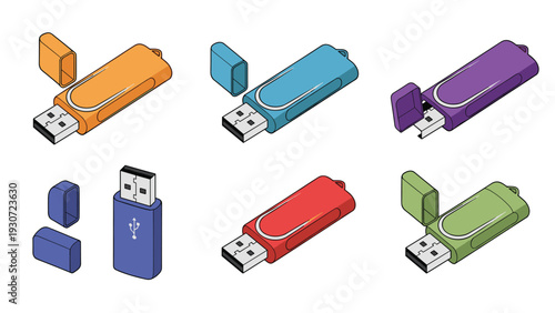 Six colorful USB flash drives in orange, blue, purple, dark blue, red, and green are shown from a perspective view on white background.