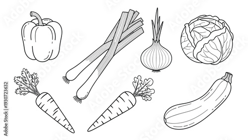 Collection of black and white line drawings of various vegetables including pepper, leeks, onion, cabbage, carrots, and zucchini.