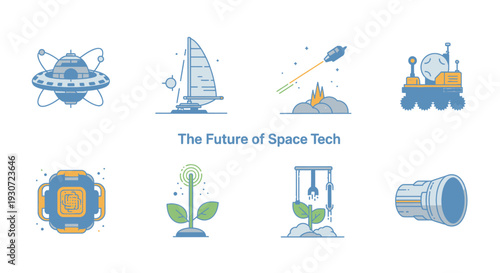 Collection of 6 flat vector icons representing The Future of Space Tech for interstellar concepts