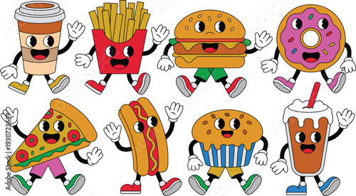 Colorful cartoon food characters with smiling faces and limbs