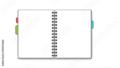 Open spiral notebook with blank white pages and colorful side tabs is shown from a top view against a simple white background.
