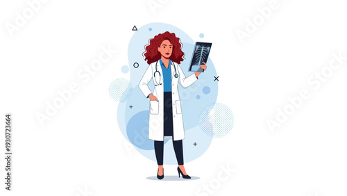 Female doctor with curly red hair and a white lab coat holds up a chest x-ray against a modern abstract blue background.