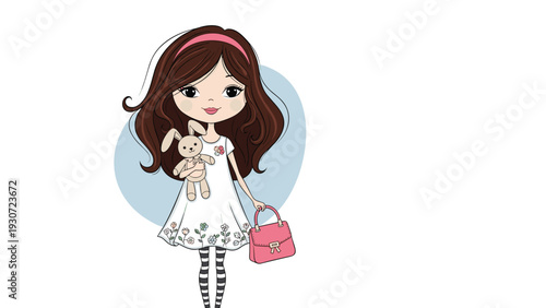 Cute cartoon girl with long brown hair wears a white dress and headband while holding a small stuffed bunny and a pink purse.