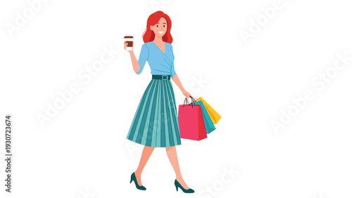 Fashionable woman with red hair walks confidently while carrying several colorful shopping bags and a cup of takeaway coffee.