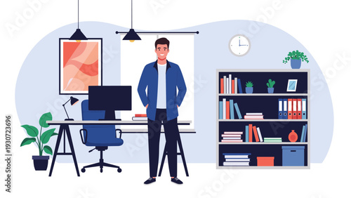 Professional man stands in a well-organized home office with a desk, computer, bookshelf, and indoor plants in a modern style.