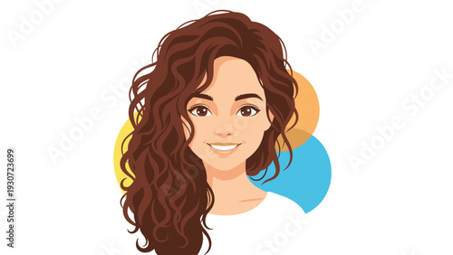 Portrait of a beautiful smiling woman with long brown curly hair against an abstract background of yellow and blue circles.